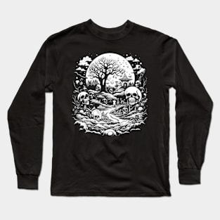 White Night of Magical Hut in Psychedelic Forest With Skulls, Macabre Long Sleeve T-Shirt